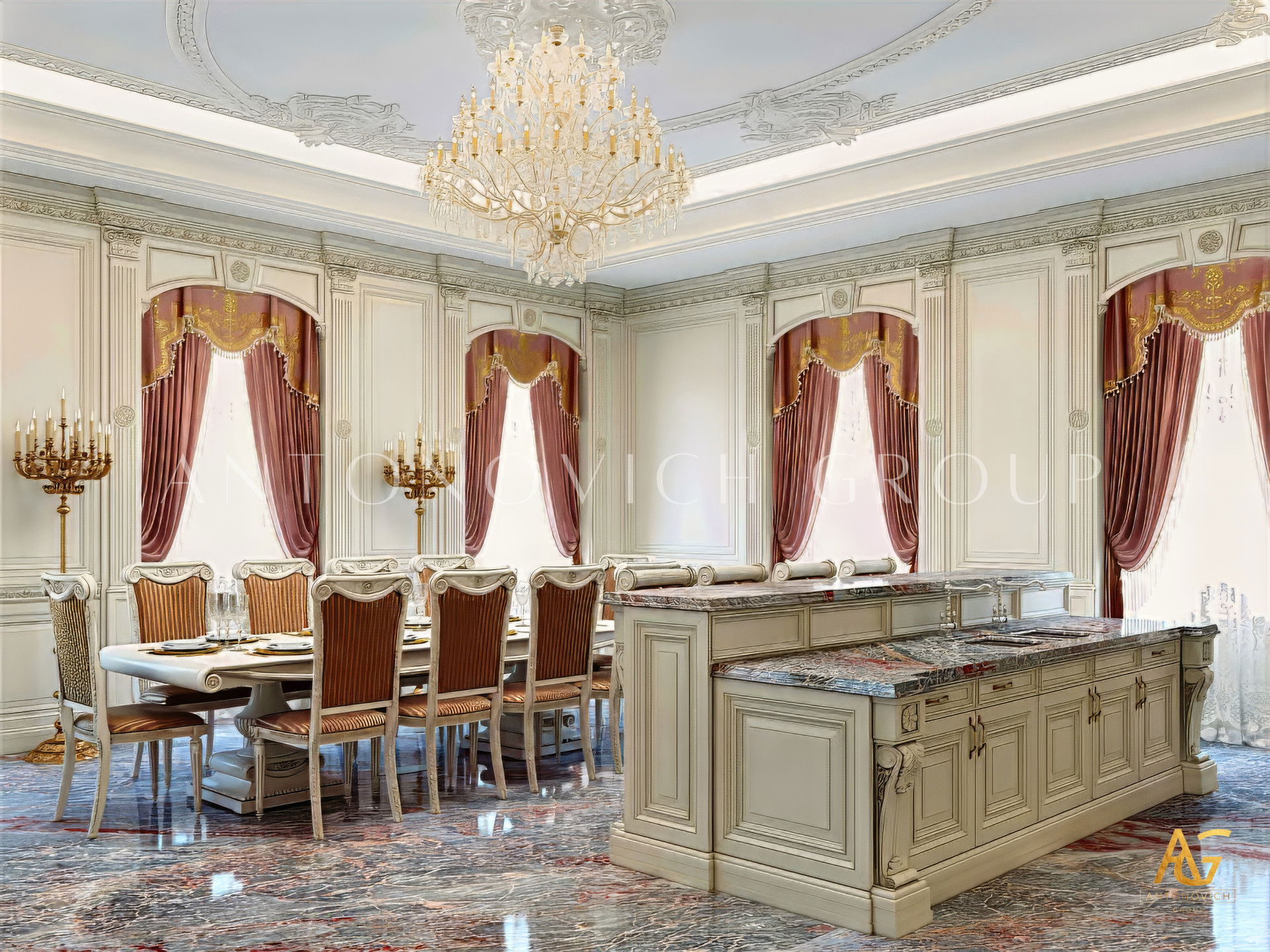 Интерьер кухни в Майами — мрамор, золотые акценты и просторная планировка