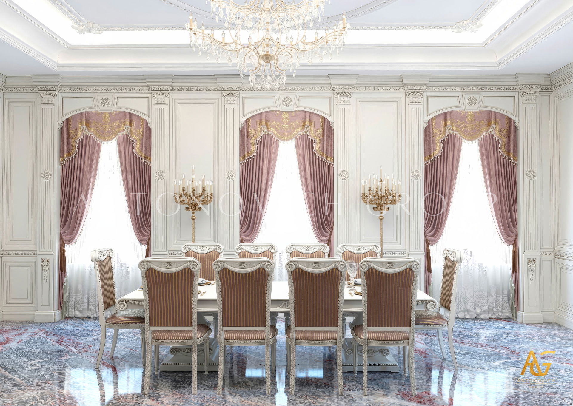 Интерьер кухни в Майами — мрамор, золотые акценты и просторная планировка