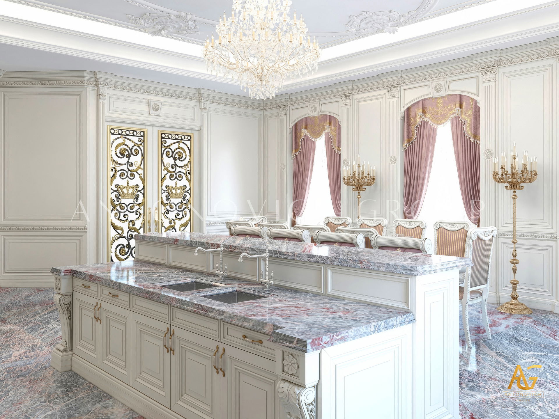 Интерьер кухни в Майами — мрамор, золотые акценты и просторная планировка