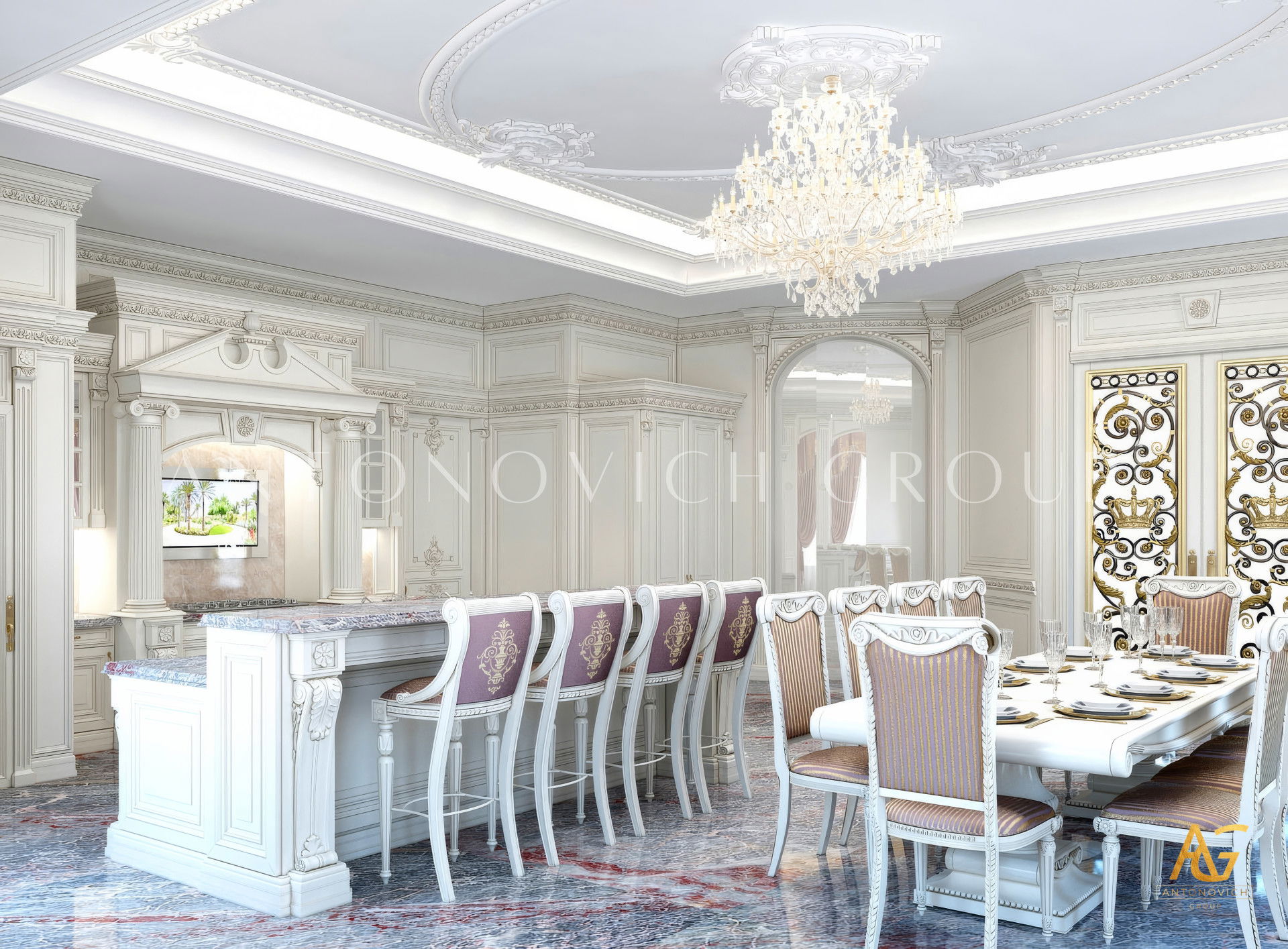 Интерьер кухни в Майами — мрамор, золотые акценты и просторная планировка