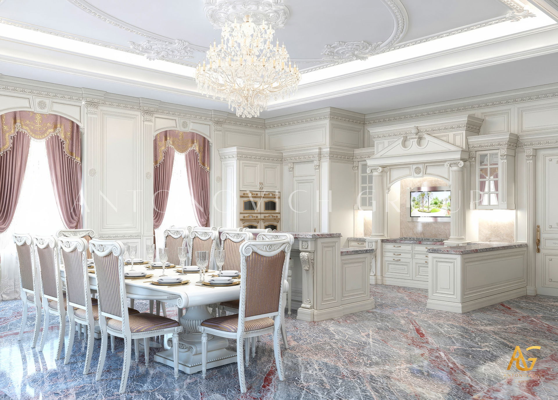 Интерьер кухни в Майами — мрамор, золотые акценты и просторная планировка