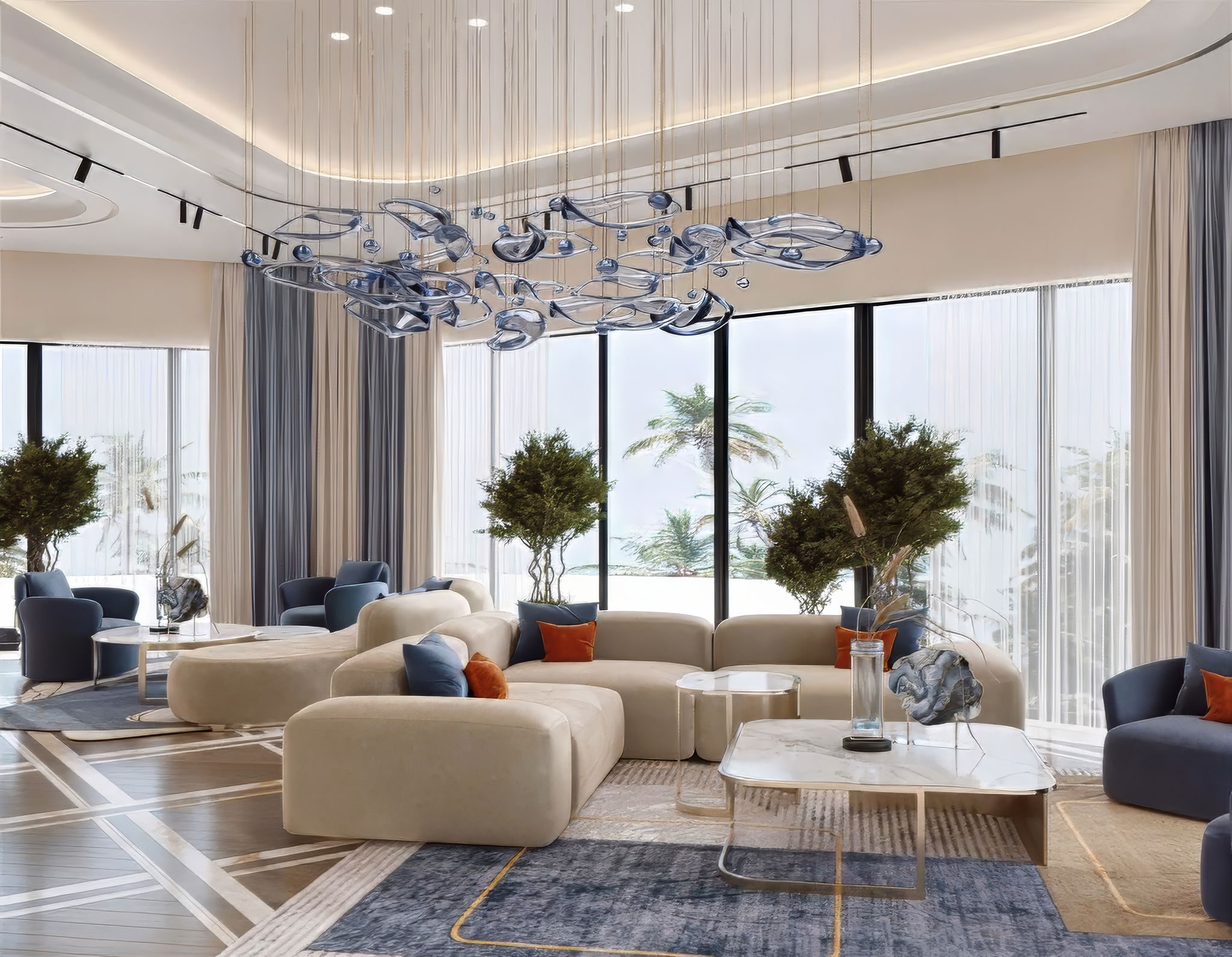 Spacious Gold and White Luxury Sitting Interior Design