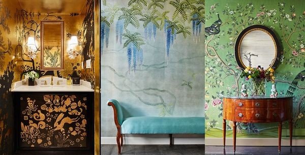 Modern dining room featuring De Gournay wallpaper