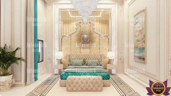 Luxurious Miami bedroom with a statement chandelier