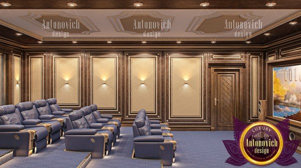 Elegant cinema room featuring a large projector screen and stylish decor