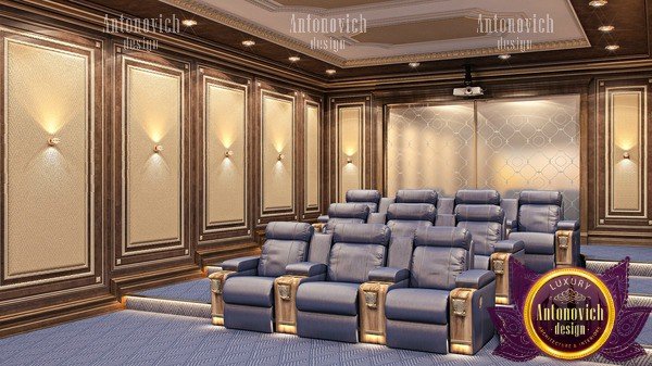 Chic home cinema with unique wall art and comfortable seating