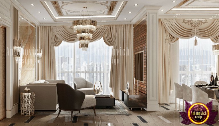 Opulent living room with floor-to-ceiling windows in The Palm Apartments