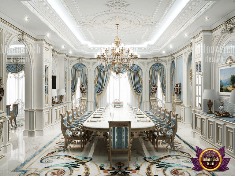 Exquisite dining room with intricate wall art and lavish decor