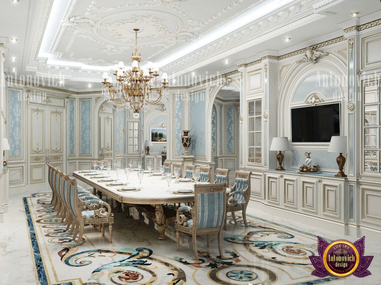 Opulent chandelier illuminating a palatial dining room