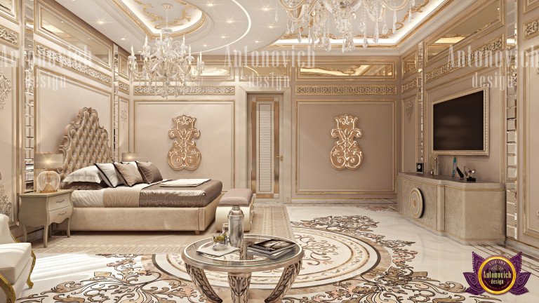 Palatial bedroom featuring a grand fireplace and regal decor