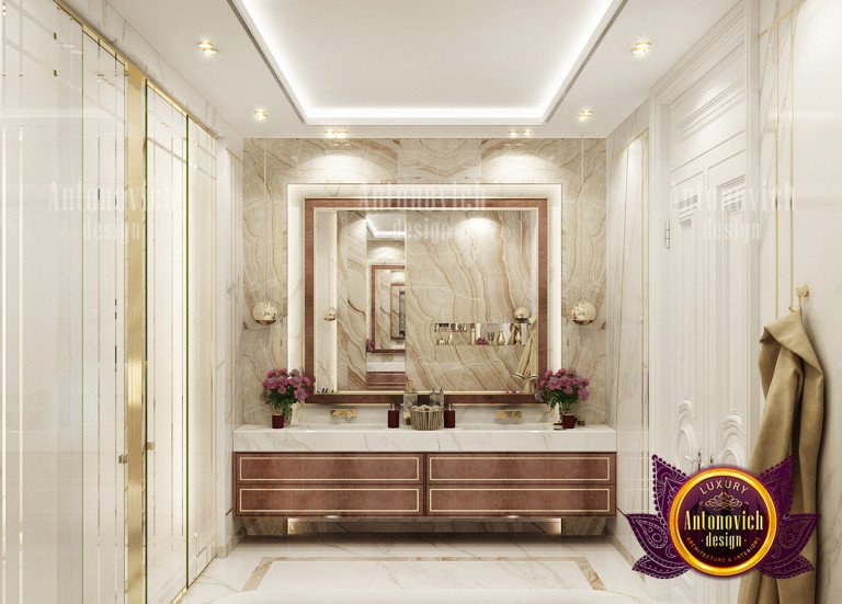 Chic chandelier and intricate tile work in a grand home bathroom