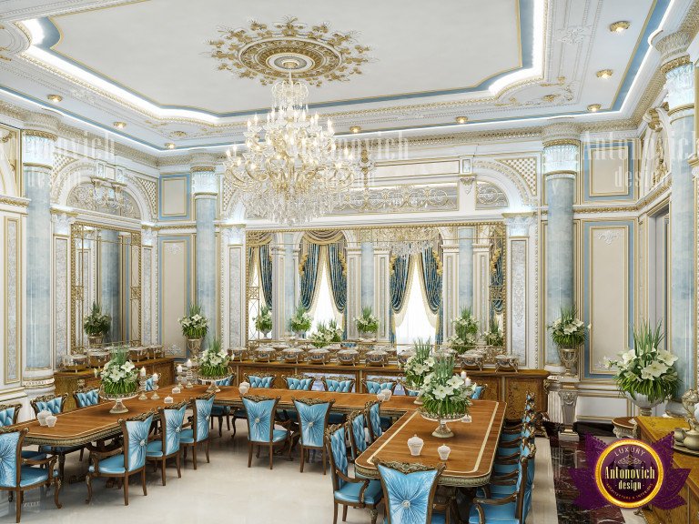 Glamorous dining room featuring mirrored accents and plush seating