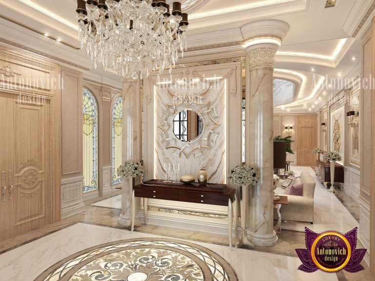 Elegant hallway with statement chandelier and artwork