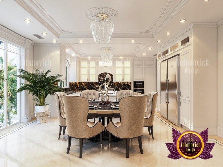 Stunning chandelier illuminating a contemporary royal kitchen