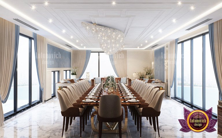 Sophisticated chandelier casting a warm glow over the dining area