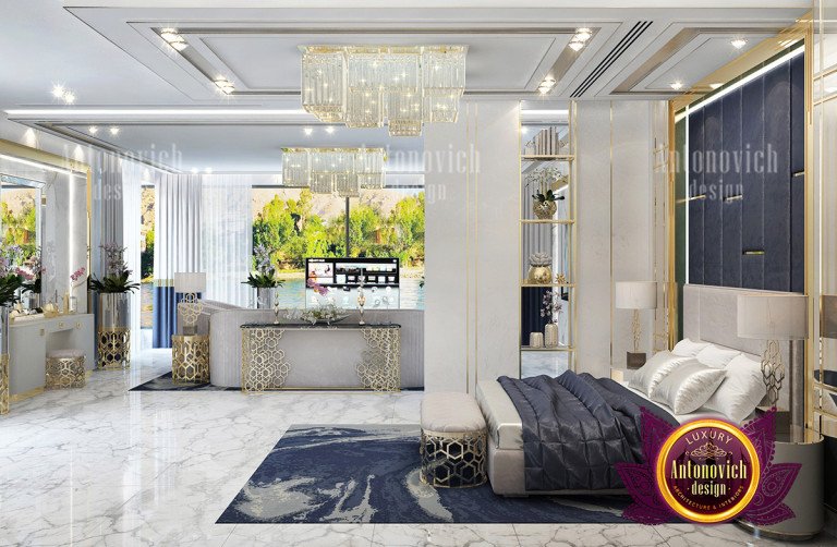 Luxurious marble bathroom with a freestanding bathtub and crystal lighting