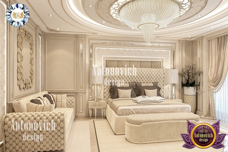 Sophisticated master bedroom design with intricate ceiling details