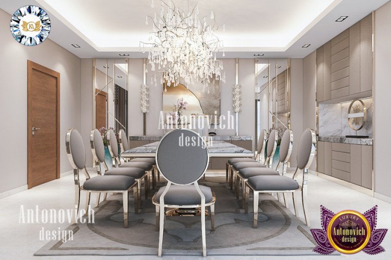 Opulent dining room with intricate ceiling design