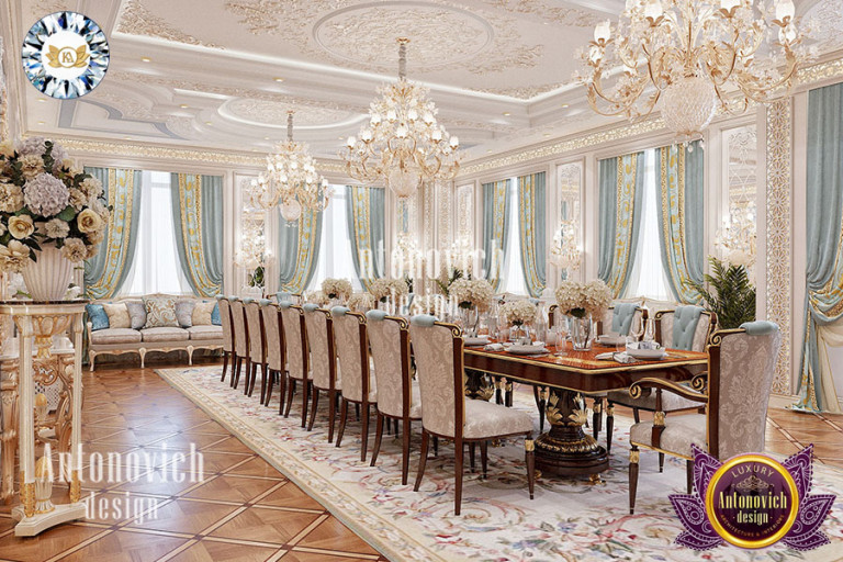 Luxurious dining room with exquisite wall decor and lighting