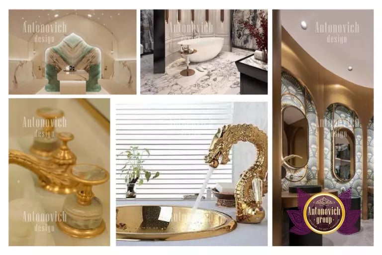 Sophisticated marble vanity and mirror in a Dubai bathroom interior