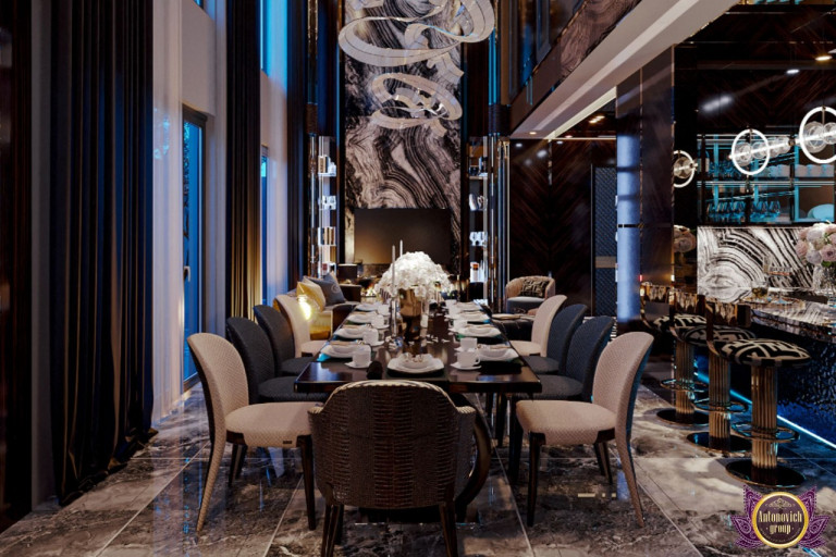 Sophisticated dining area featuring a statement art piece and plush seating