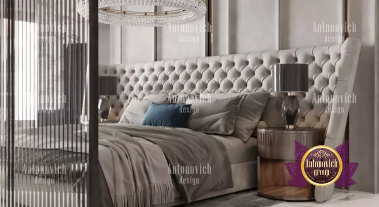 Chic and cozy bedroom with a fireplace and lavish furnishings