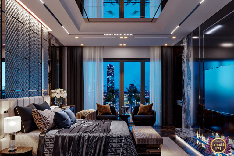 Elegant luxury bedroom with plush bedding and stylish decor