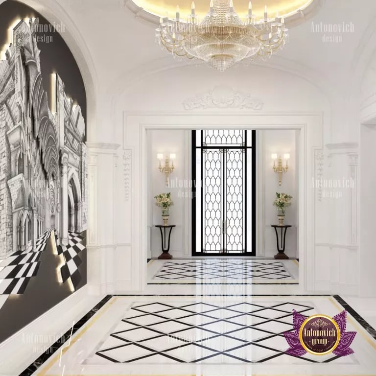 Modern hallway design featuring sleek furniture and lighting