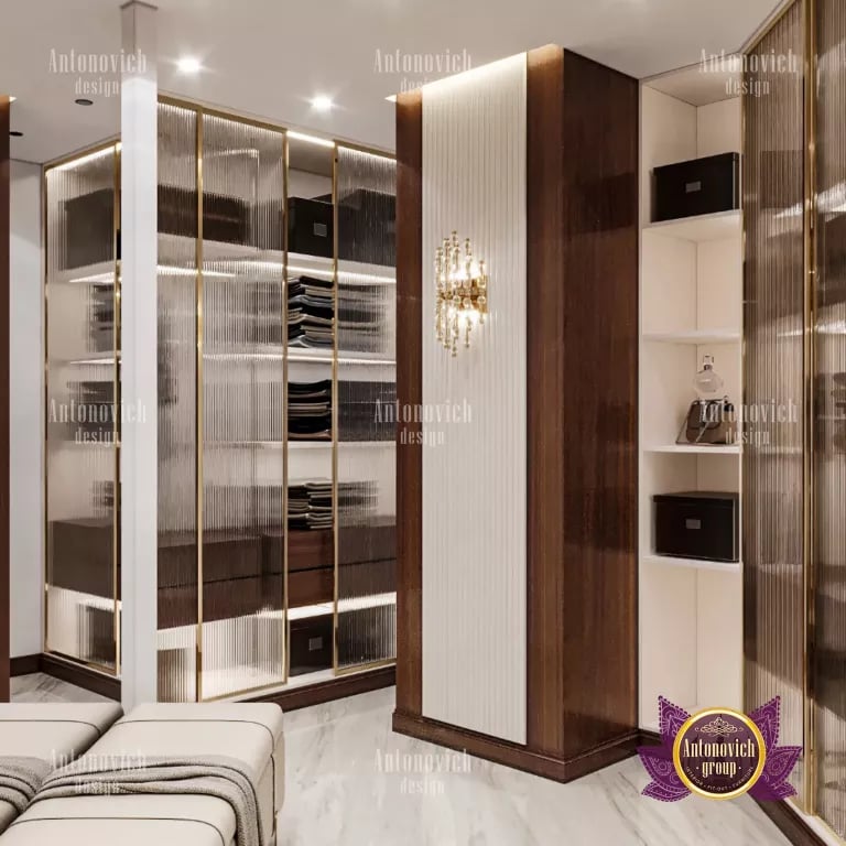 Luxurious dressing room with elegant lighting and seating