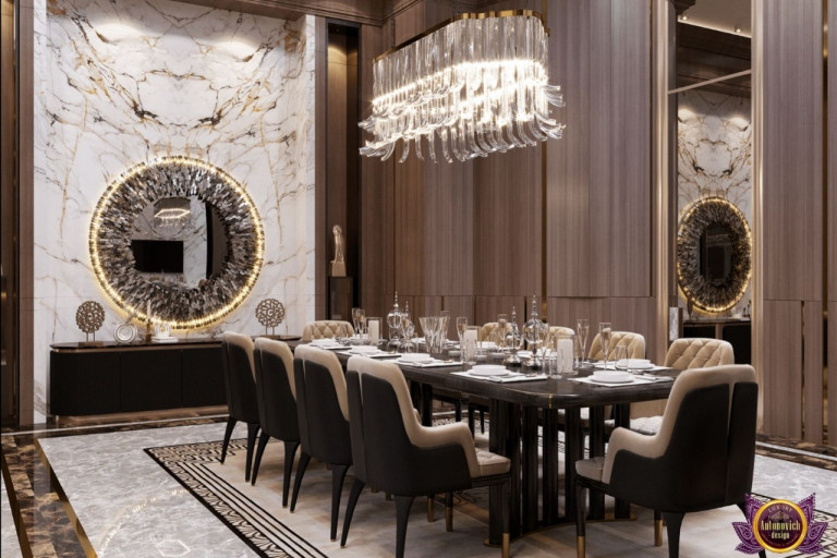 Sophisticated brown dining room featuring a statement wall and stylish table setting