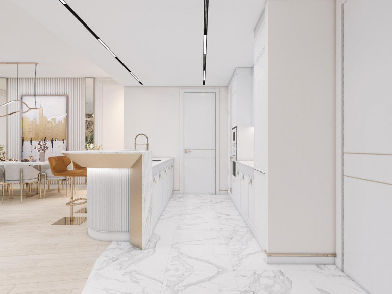 Stylish white kitchen island with modern barstools and pendant lights