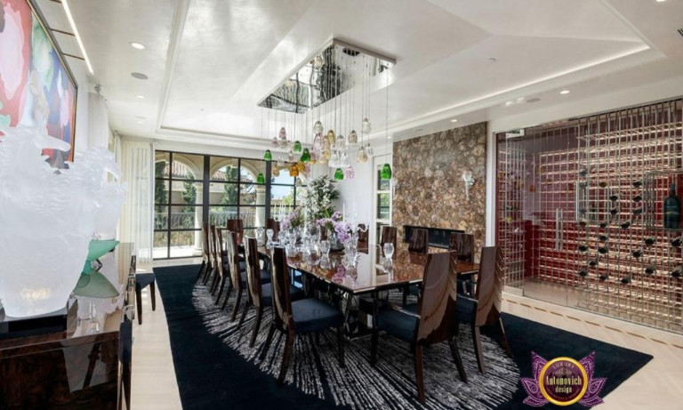 Modern and luxurious dining room with floor-to-ceiling windows in a Dubai villa