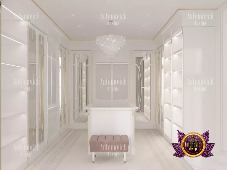 Sophisticated walk-in closet with designer wardrobe