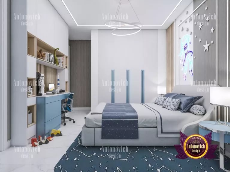 Contemporary kids bedroom with vibrant color accents