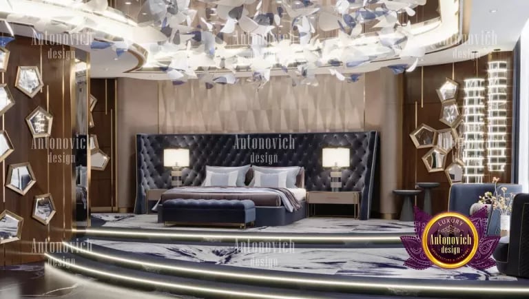 Opulent Dubai bedroom with plush bedding and exquisite chandelier