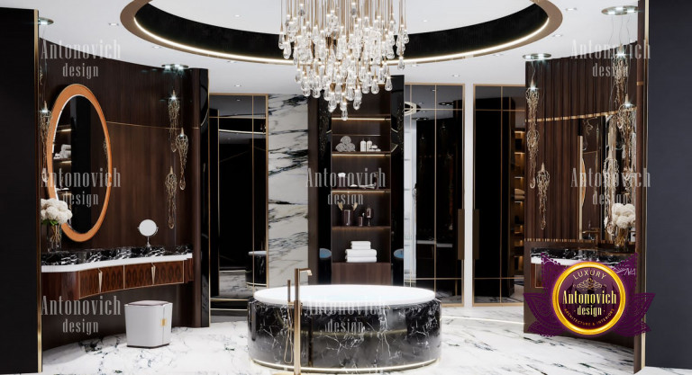 Sophisticated marble bathroom with a breathtaking chandelier