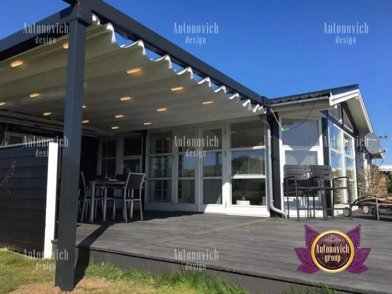 Chic commercial pergola with string lights and greenery