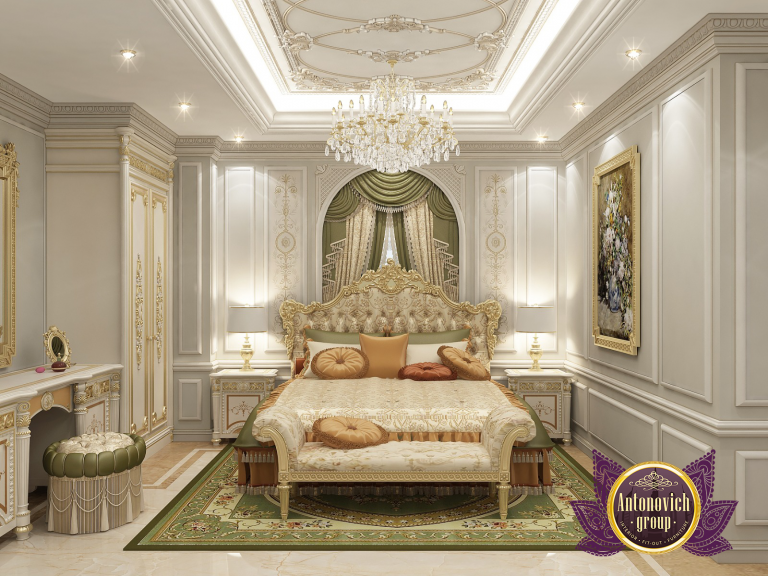 Sophisticated bedroom design featuring a statement chandelier