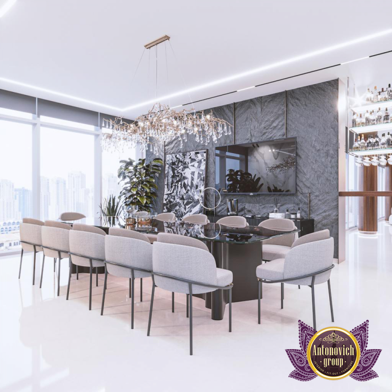 Stylish dining room with floor-to-ceiling windows in an open concept space