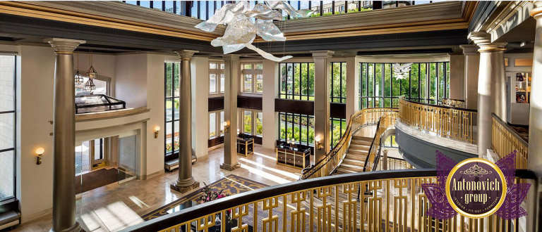 Stunning chandelier illuminating a grand hotel lobby