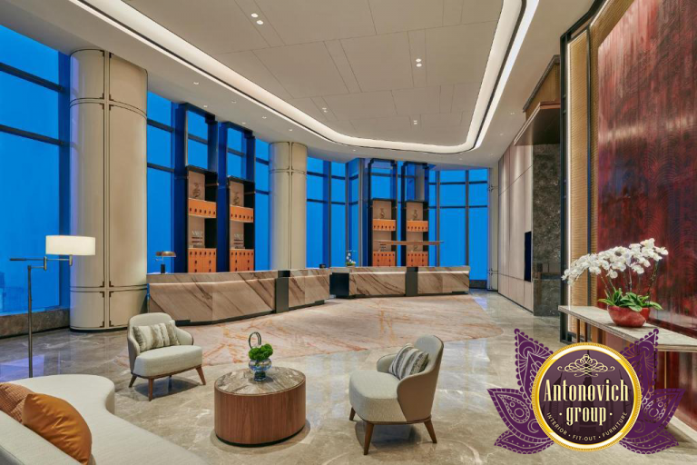 Exquisite marble flooring and intricate wall design in a hotel lobby