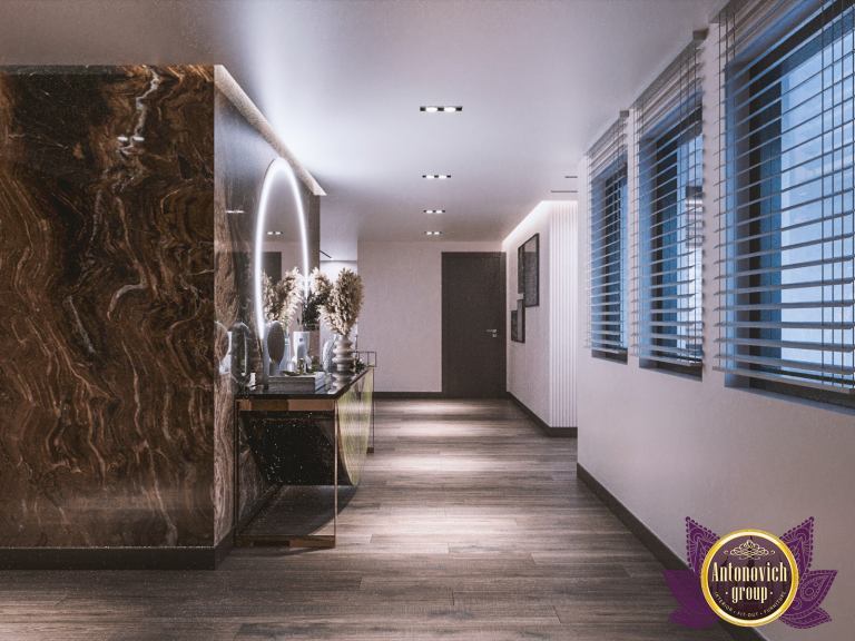 Opulent Dubai hallway featuring gold accents and intricate wall details