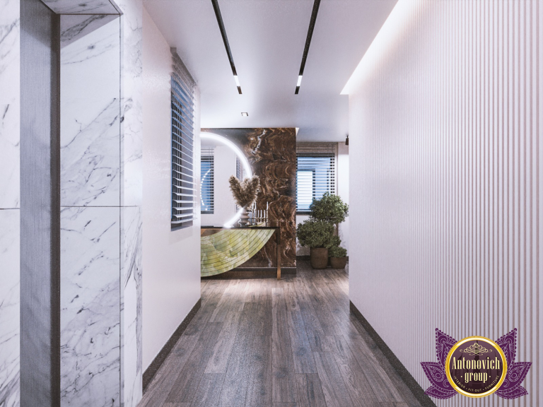 Elegant hallway design with a stunning chandelier and marble flooring