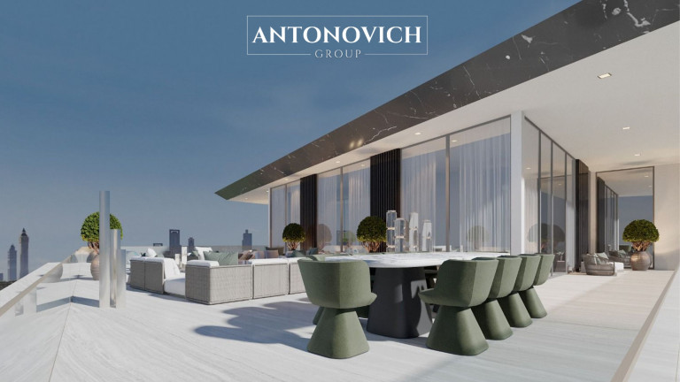 Luxurious Roof Deck Swimming Pool Design with a Sitting Area by Antonovich Group