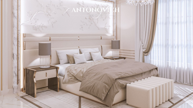 Spacious Luxury Bedroom Interior Design with a Sitting Area by Antonovich Group