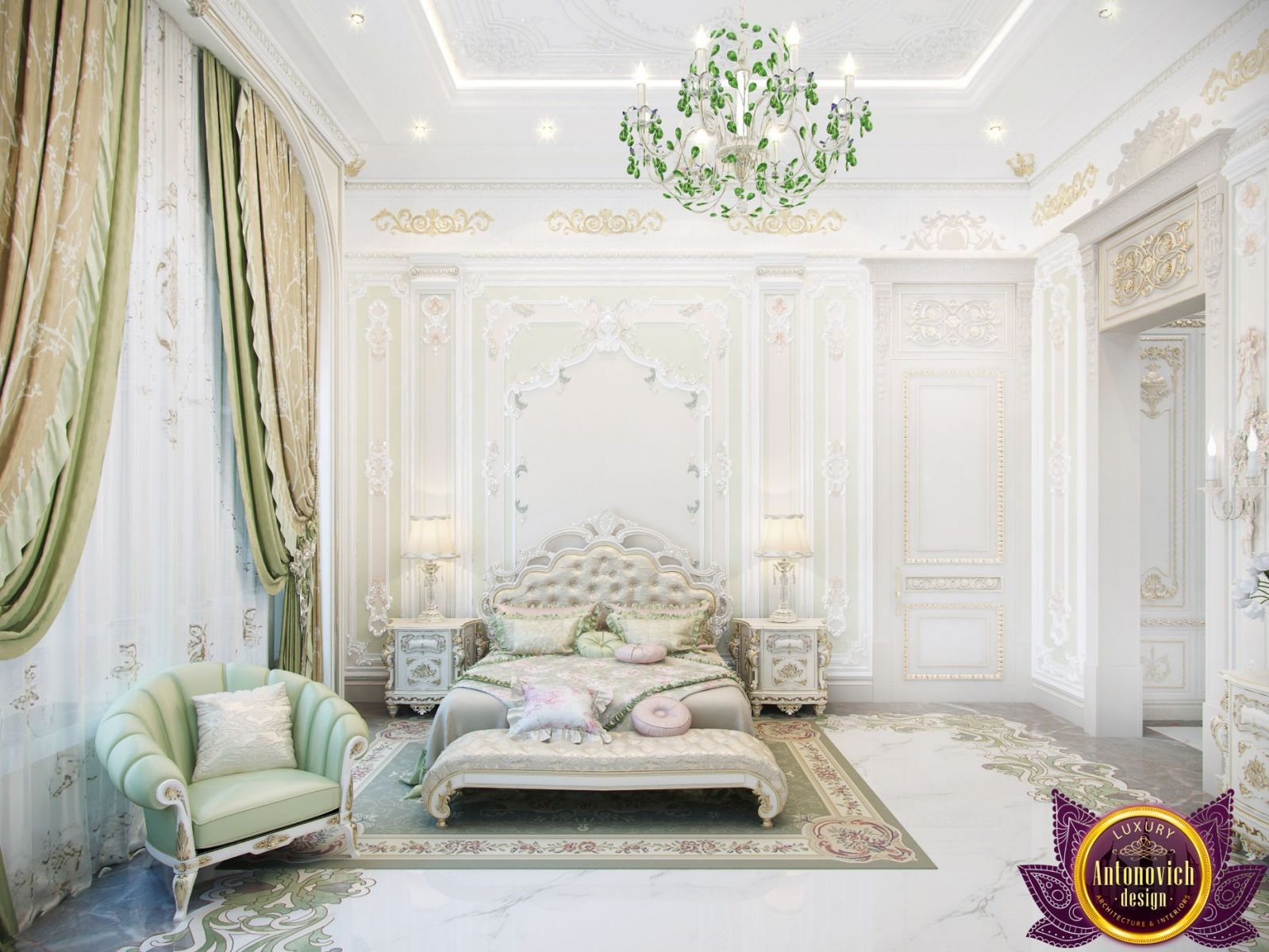 Elegant classic style bedroom with luxurious chandelier