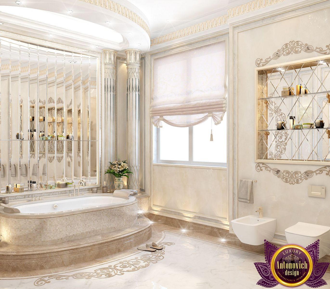 Luxurious bathroom featuring a statement chandelier and unique tile work