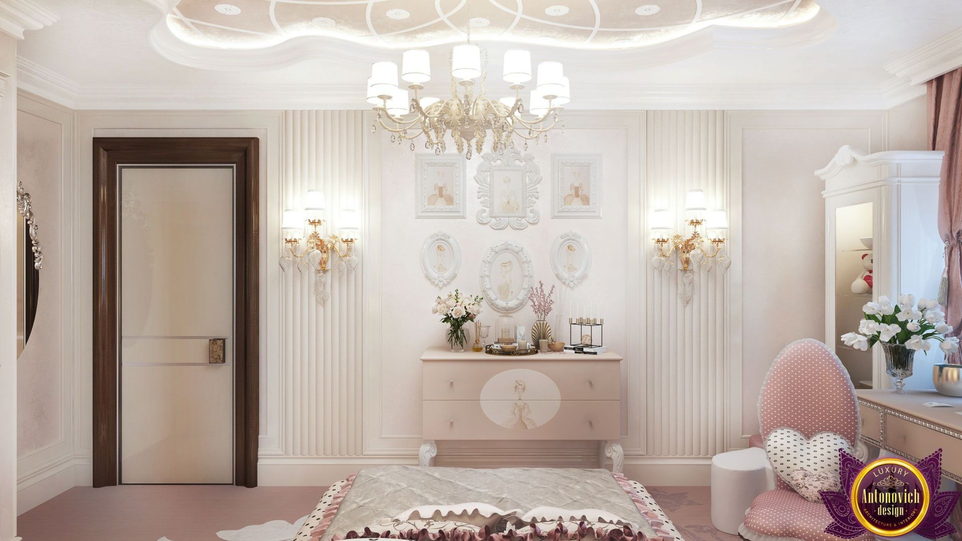 Sophisticated girls bedroom with a beautiful chandelier