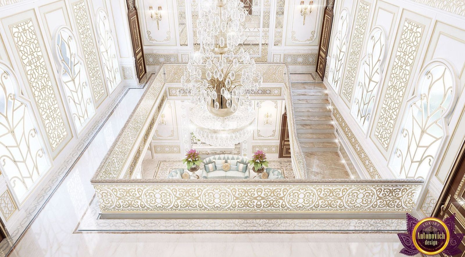 Elegant hallway with a modern chandelier and artwork