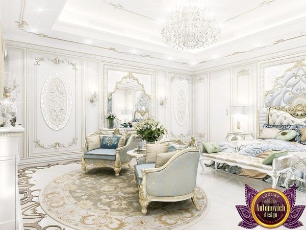 Opulent master bedroom with gold accents and rich textiles